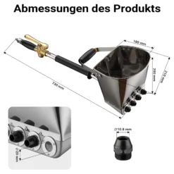 Wiltec Verputzmaschine 6-10 bar, Putzpistole mit 8 mm Düse, Mörtelpistole 3,7 l Trichter, Putzwerfer 72 cm, Putzmaschine Aluminium und Edelstahl