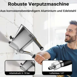 Wiltec Verputzmaschine 6-10 bar, Putzpistole mit 8 mm Düse, Mörtelpistole 3,7 l Trichter, Putzwerfer 72 cm, Putzmaschine Aluminium und Edelstahl