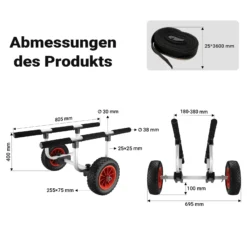 Wiltec verstellbarer Alu Kanuwagen bis 90 kg, Transportwagen für Boote, Kanus und Kajaks, SUP-Trolley mit Polstern, ⌀22 cm große PU-Räder & Gurtbändern, SUP-Wagen mit verstellbarer Auflagebreite