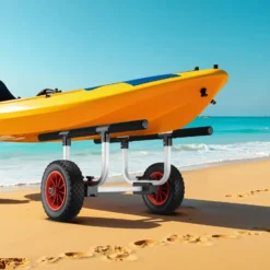 Wiltec verstellbarer Alu Kanuwagen bis 90 kg, Transportwagen für Boote, Kanus und Kajaks, SUP-Trolley mit Polstern, ⌀22 cm große PU-Räder & Gurtbändern, SUP-Wagen mit verstellbarer Auflagebreite