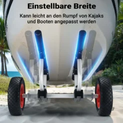 Wiltec verstellbarer Alu Kanuwagen bis 90 kg, Transportwagen für Boote, Kanus und Kajaks, SUP-Trolley mit Polstern, ⌀22 cm große PU-Räder & Gurtbändern, SUP-Wagen mit verstellbarer Auflagebreite