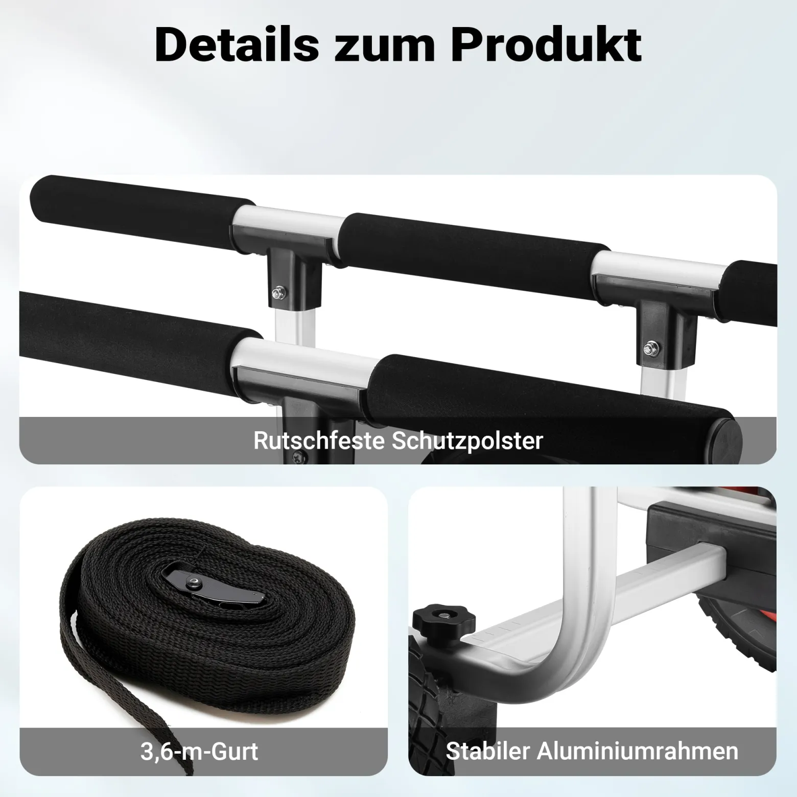Wiltec verstellbarer Alu Kanuwagen bis 90 kg, Transportwagen für Boote, Kanus und Kajaks, SUP-Trolley mit Polstern, ⌀22 cm große PU-Räder & Gurtbändern, SUP-Wagen mit verstellbarer Auflagebreite