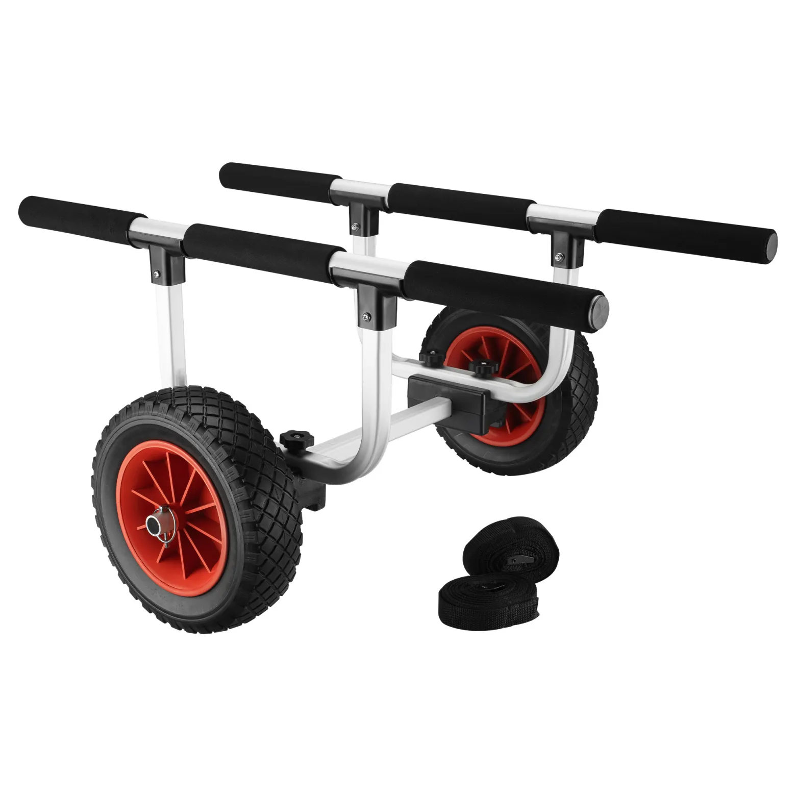 Wiltec verstellbarer Alu Kanuwagen bis 90 kg, Transportwagen für Boote, Kanus und Kajaks, SUP-Trolley mit Polstern, ⌀22 cm große PU-Räder & Gurtbändern, SUP-Wagen mit verstellbarer Auflagebreite