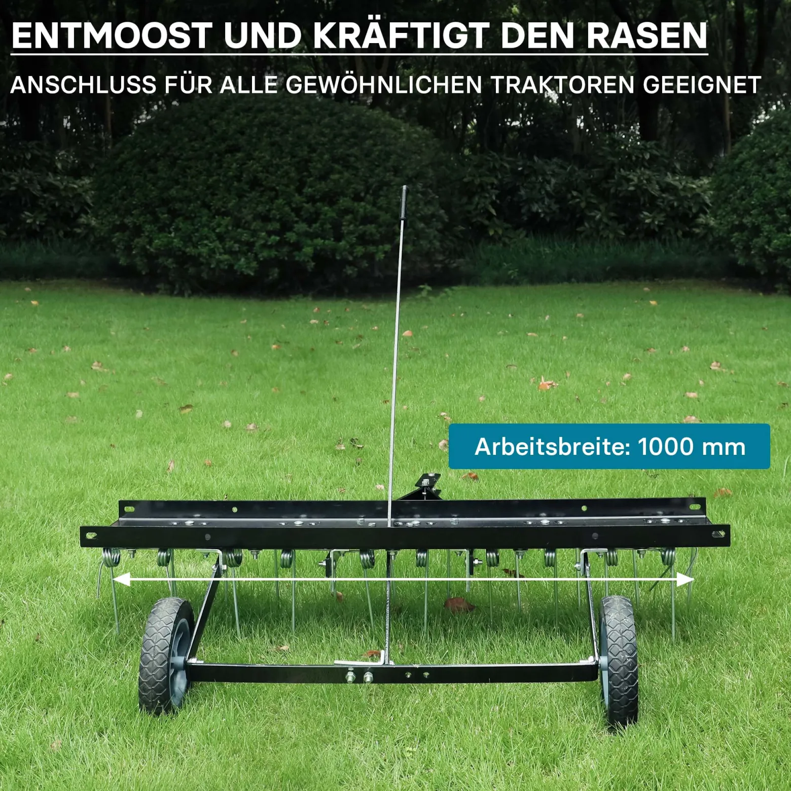 Wiltec Vertikutierer 100 cm für Aufsitzmäher, Rasenlüfter mit Stahlfedern für Rasentraktor, Rasenvertikutierer zum Rasen lüften und als Moosentferner