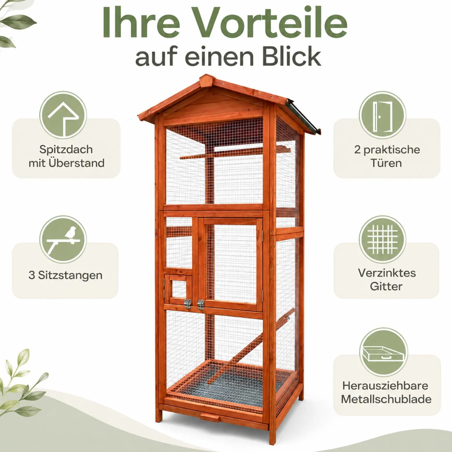 Wiltec Vogelvoliere aus Holz 72 x 63 x 168 cm, Vogelkäfig mit Sitzstangen und Kotschublade, Papageienkäfig mit Dach und 2 Türen