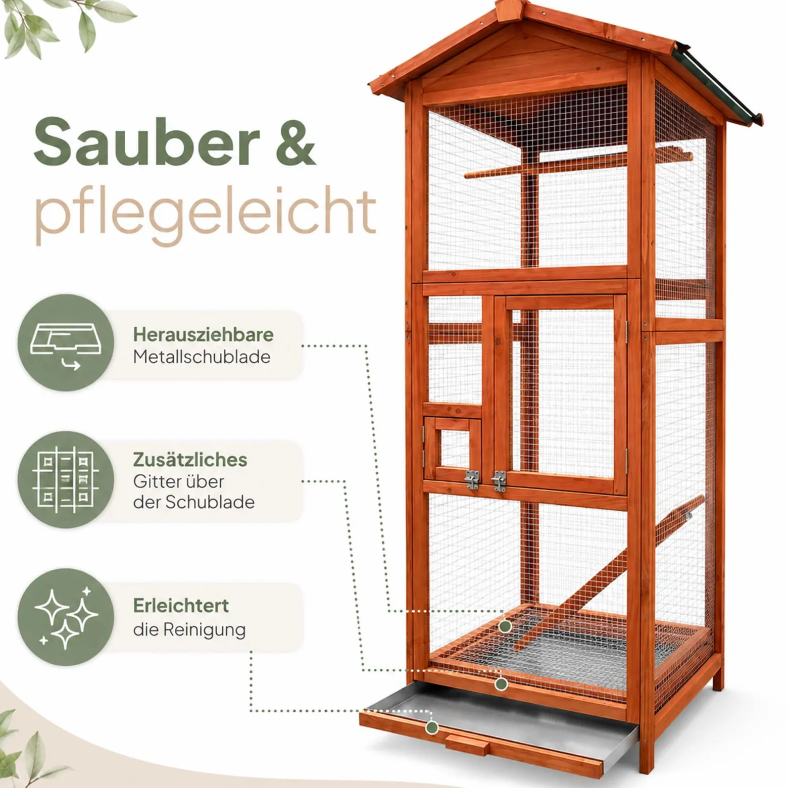 Wiltec Vogelvoliere aus Holz 72 x 63 x 168 cm, Vogelkäfig mit Sitzstangen und Kotschublade, Papageienkäfig mit Dach und 2 Türen