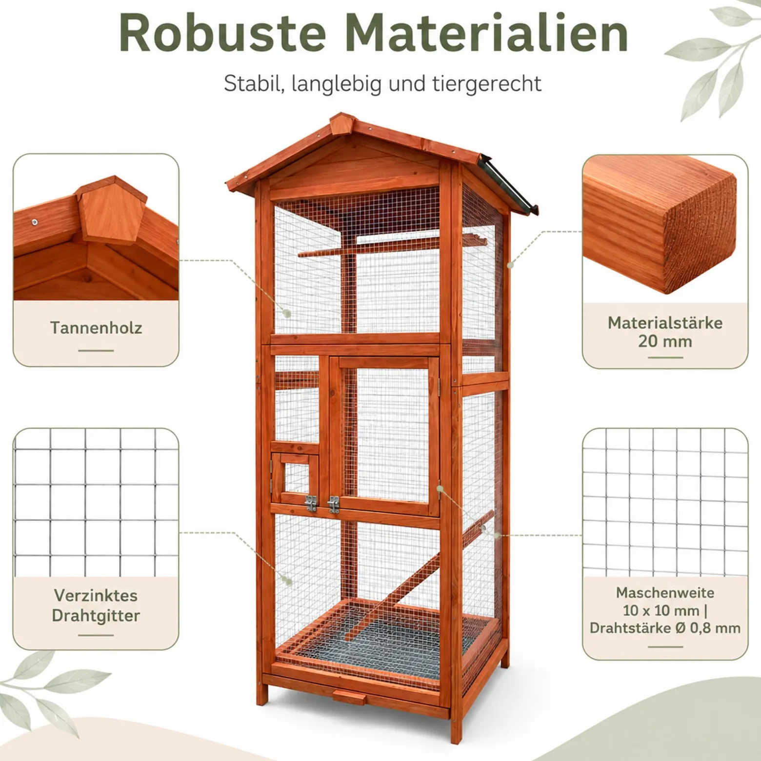 Wiltec Vogelvoliere aus Holz 72 x 63 x 168 cm, Vogelkäfig mit Sitzstangen und Kotschublade, Papageienkäfig mit Dach und 2 Türen