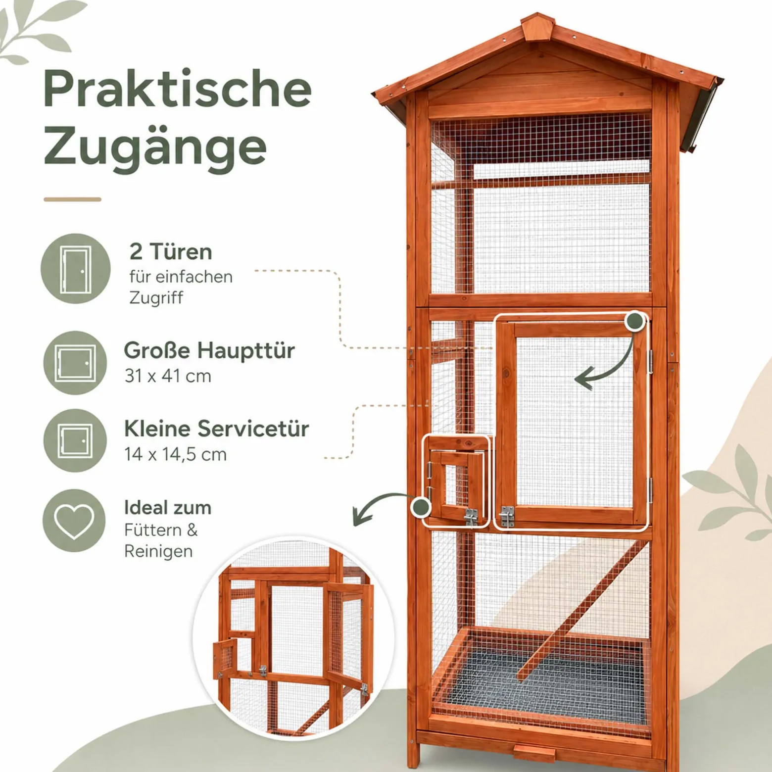 Wiltec Vogelvoliere aus Holz 72 x 63 x 168 cm, Vogelkäfig mit Sitzstangen und Kotschublade, Papageienkäfig mit Dach und 2 Türen