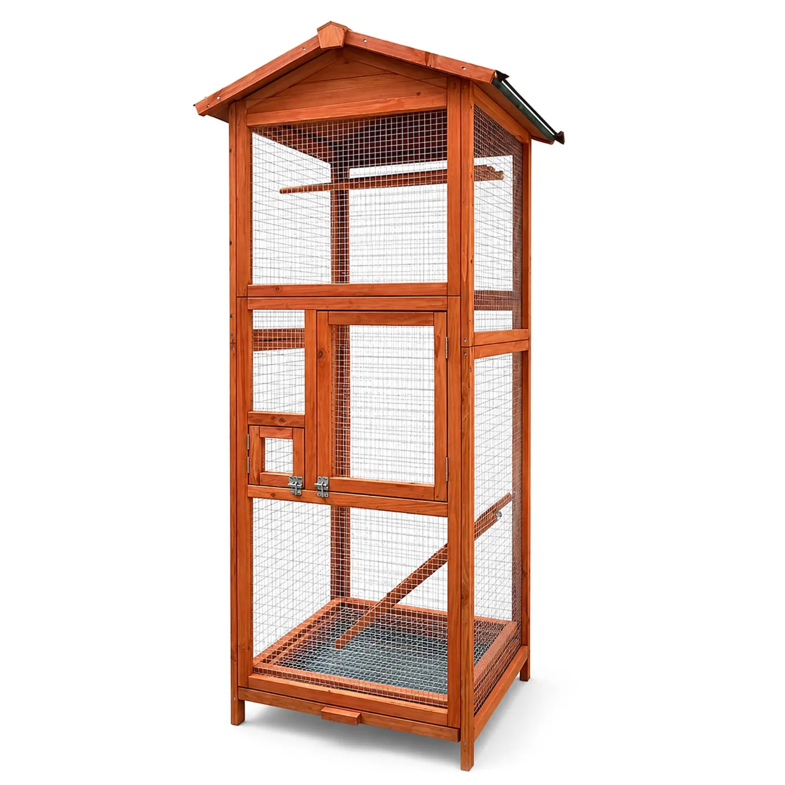 Wiltec Vogelvoliere aus Holz 72 x 63 x 168 cm, Vogelkäfig mit Sitzstangen und Kotschublade, Papageienkäfig mit Dach und 2 Türen