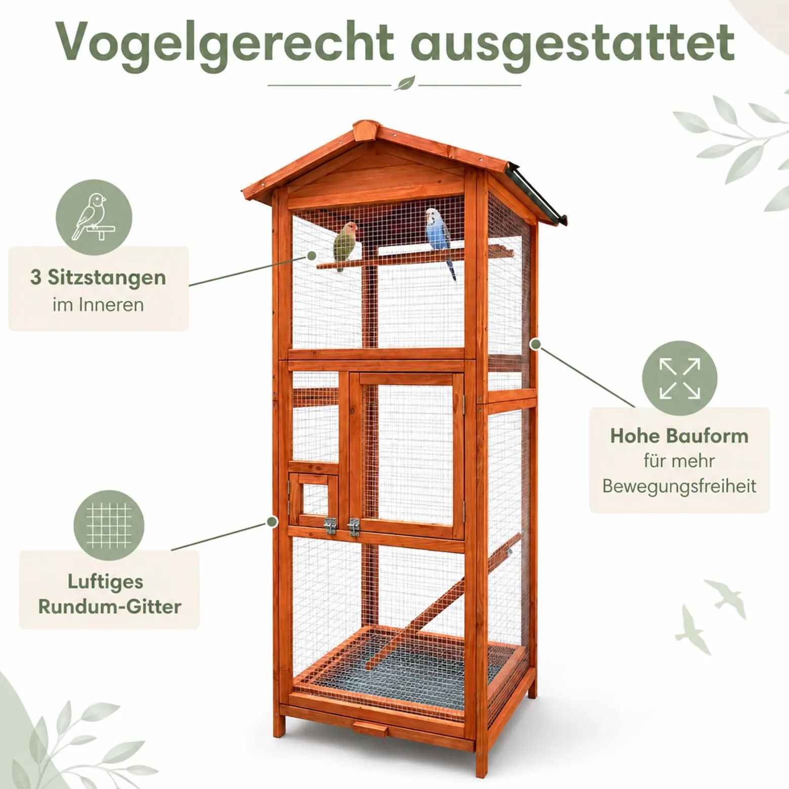 Wiltec Vogelvoliere aus Holz 72 x 63 x 168 cm, Vogelkäfig mit Sitzstangen und Kotschublade, Papageienkäfig mit Dach und 2 Türen