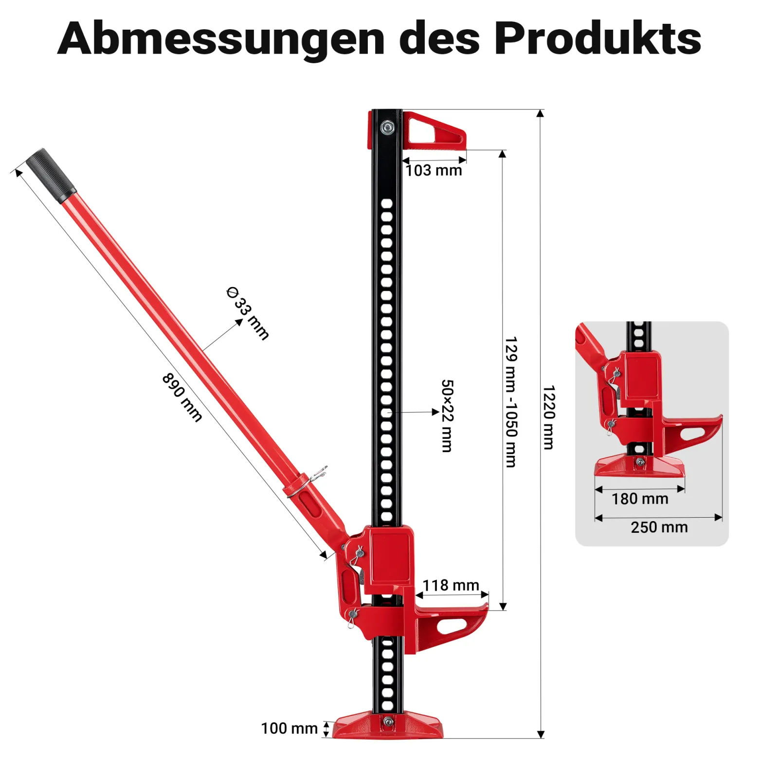 Wiltec 48‘‘ Wagenheber bis 3000 kg und max. 105 cm Hubhöhe, Offroad Farm Jack, Stockwinde für Geländewagen, SUV und ATV, Allzweckheber aus Stahl