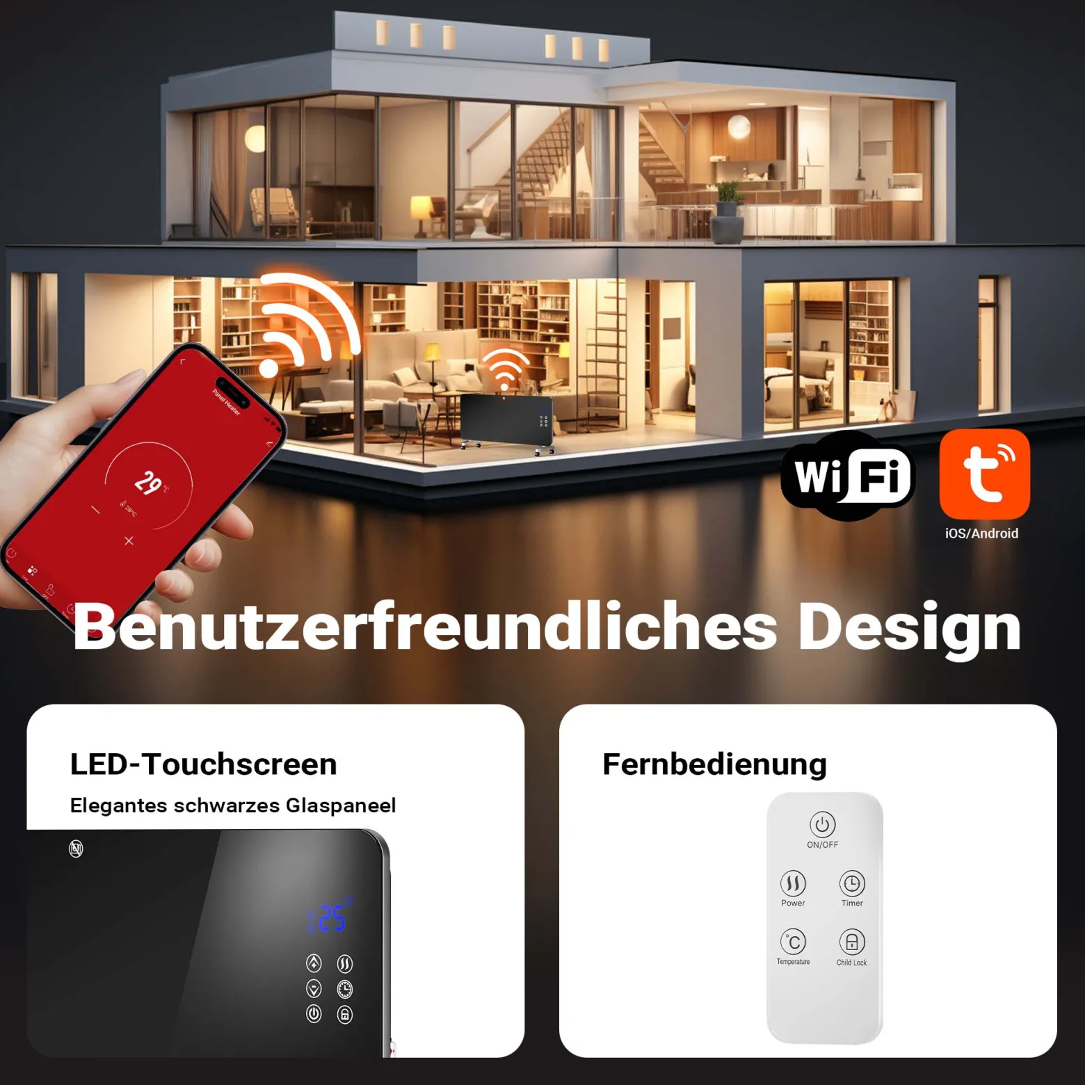 Wiltec 2000 W Elektro Glasheizung, Glaskonvektor mit LED-Anzeige, Elektroheizung mit Wandmontage & Rollen, E-Heizung mit Wifi-Steuerung inkl. Fernbedienung