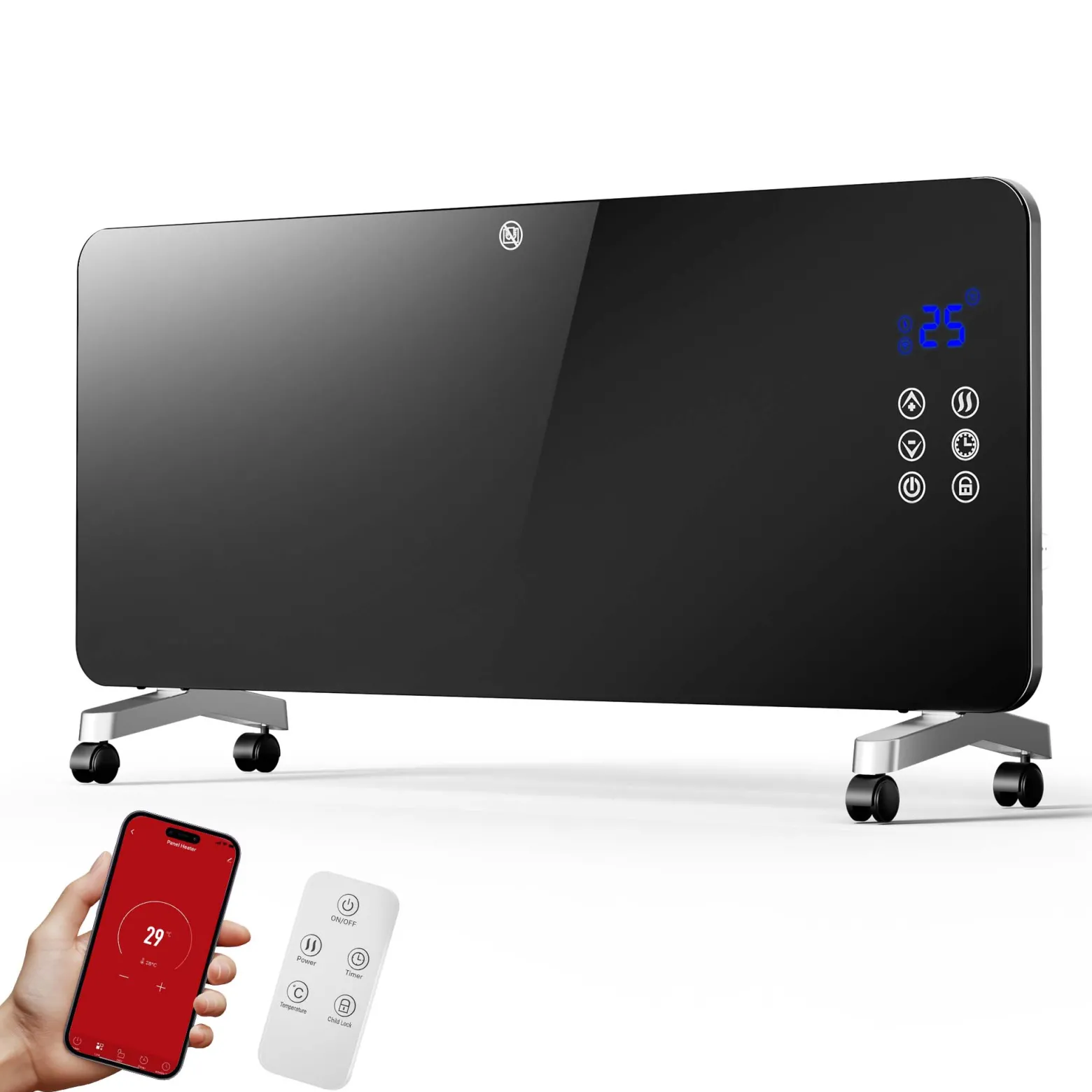 Wiltec 2000 W Elektro Glasheizung, Glaskonvektor mit LED-Anzeige, Elektroheizung mit Wandmontage & Rollen, E-Heizung mit Wifi-Steuerung inkl. Fernbedienung