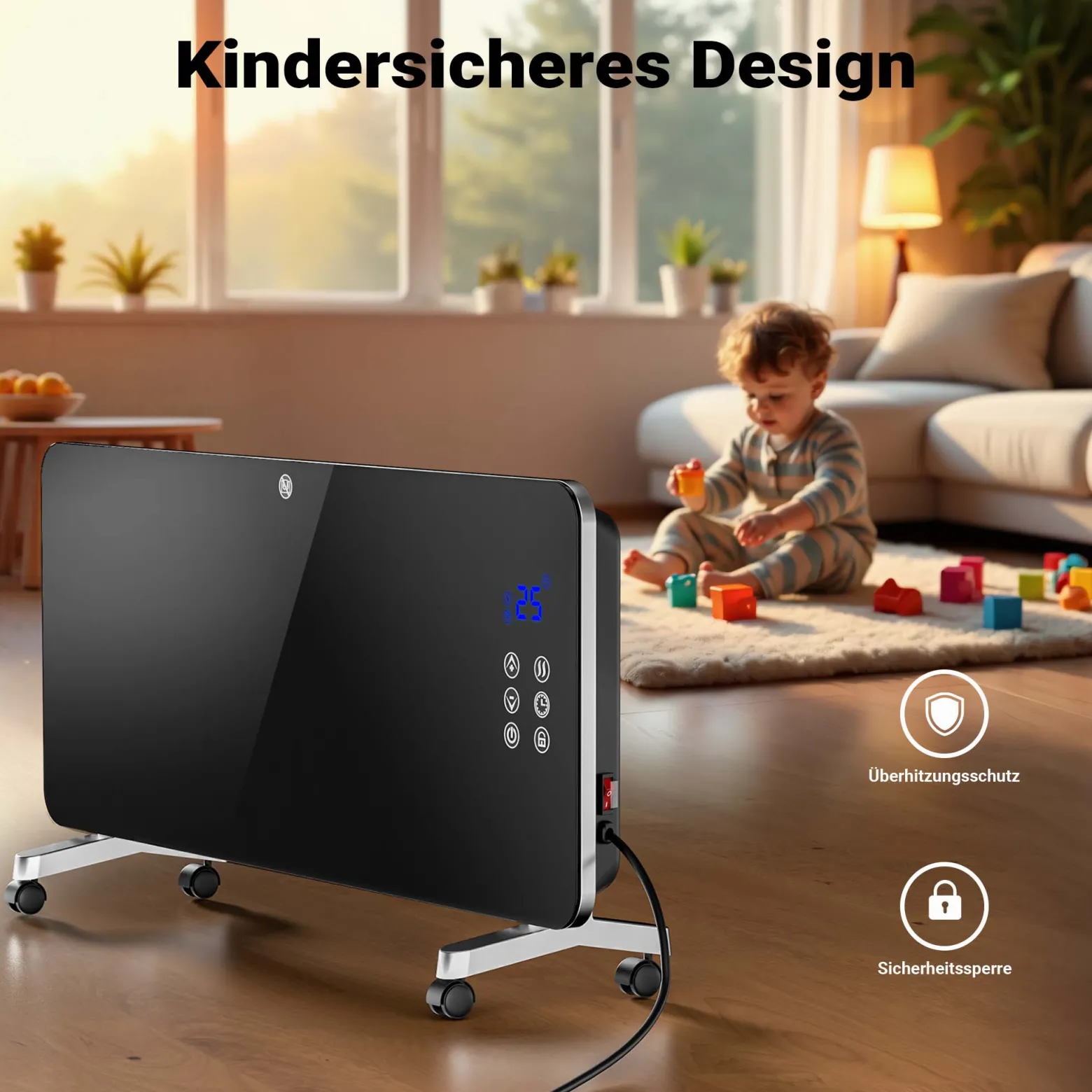 Wiltec 2000 W Elektro Glasheizung, Glaskonvektor mit LED-Anzeige, Elektroheizung mit Wandmontage & Rollen, E-Heizung mit Wifi-Steuerung inkl. Fernbedienung