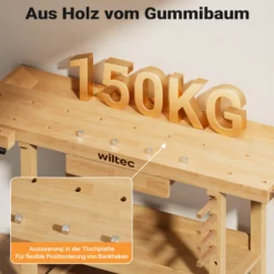 Wiltec Werkbank 151 x 61,5 x 86 cm aus Holz, Werktisch aus Rubberwood, Hobelbank bis 150 kg belastbar, Werkzeugbank mit Schublade und Spannzangen