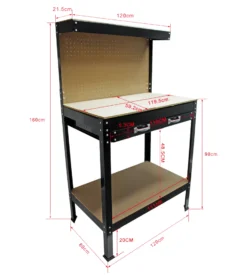 Wiltec Werkbank 1200 x 600 x 1600 mm mit Lochwand, Werkzeugbank mit Stahlrahmen, Arbeitstisch mit Arbeitsplatte aus MDF, Hobelbank mit Aufhängehaken
