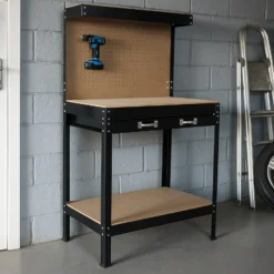 Wiltec Werkbank 1150 x 550 x 1400 mm mit Lochwand, Werkzeugbank mit Stahlrahmen, Arbeitstisch mit Arbeitsplatte aus MDF, Hobelbank mit Aufhängehaken