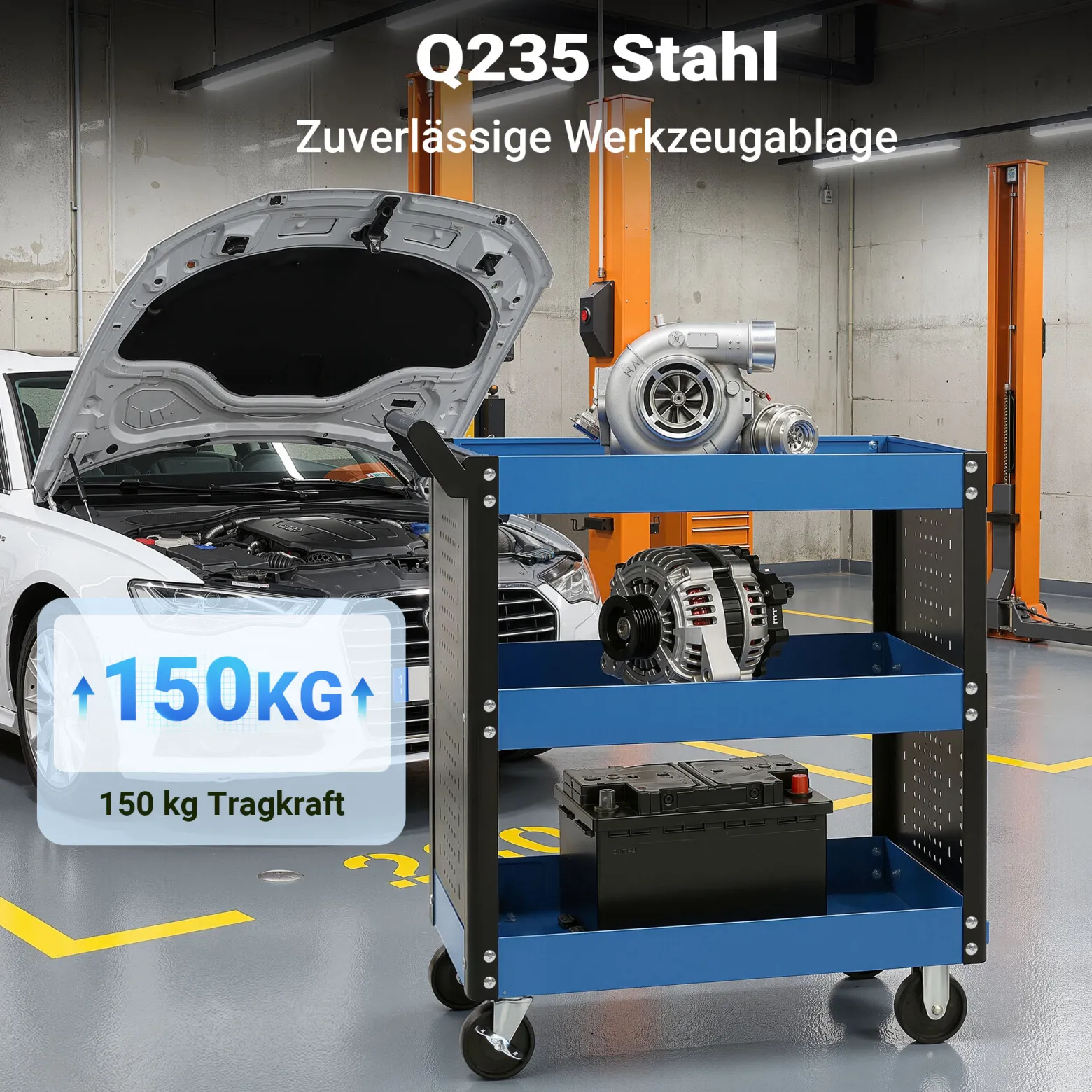 Wiltec Werkstattwagen mit 3 Etagen, 150 kg, 83x38x90 cm, Handgriff, Kunststoffreifen, Bremsen, Ablageflächen mit erhöhtem Rand, Werkzeugwagen, Rollwagen