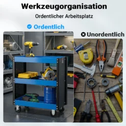 Wiltec Werkstattwagen mit 3 Etagen, 150 kg, 83x38x90 cm, Handgriff, Kunststoffreifen, Bremsen, Ablageflächen mit erhöhtem Rand, Werkzeugwagen, Rollwagen