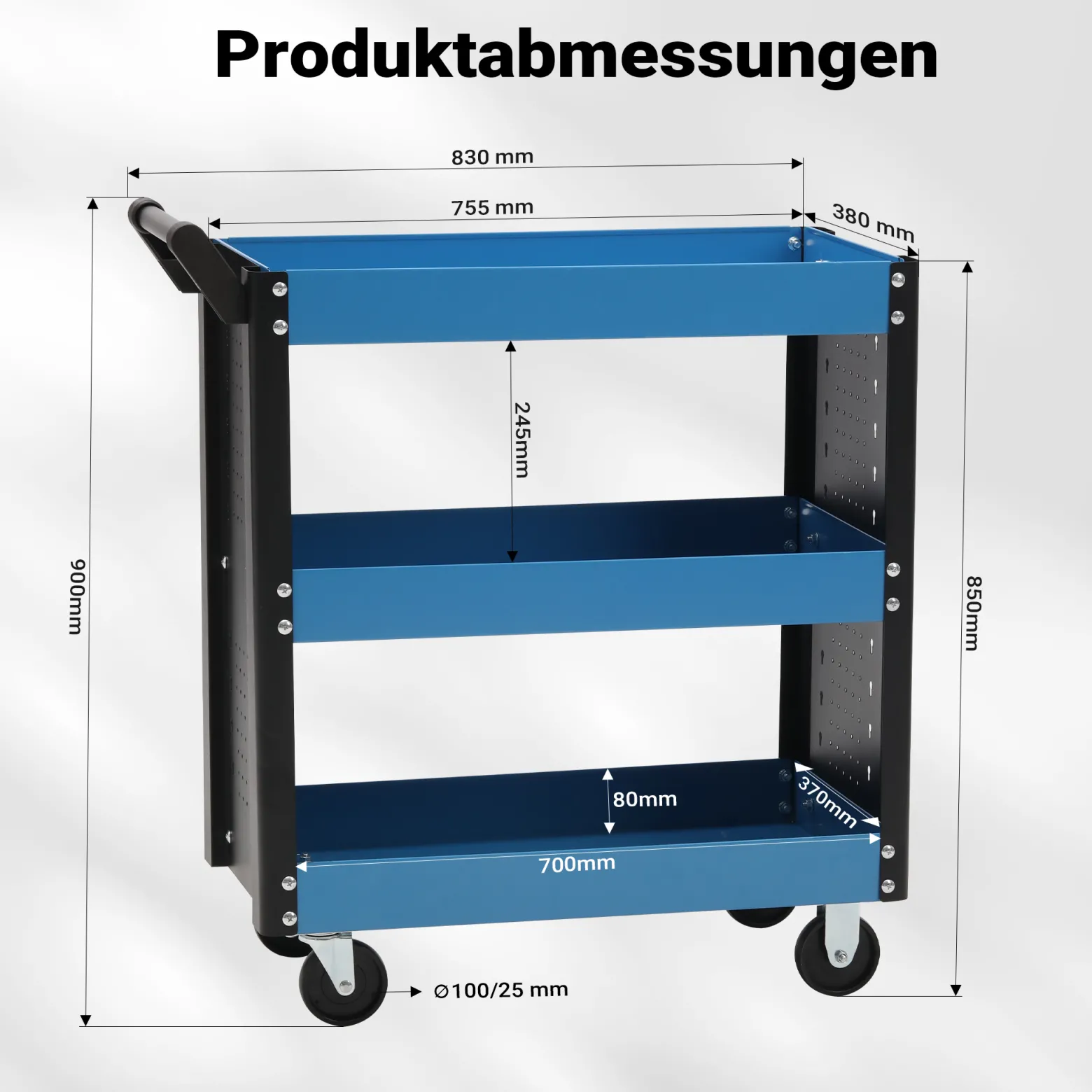Wiltec Werkstattwagen mit 3 Etagen, 150 kg, 83x38x90 cm, Handgriff, Kunststoffreifen, Bremsen, Ablageflächen mit erhöhtem Rand, Werkzeugwagen, Rollwagen