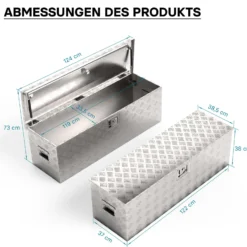 Wiltec Werkzeugbox Alu 124x37x38 cm Silberfarbene Transportbox, Werkzeugkiste inkl. Schlüssel, Alubox und Staukasten mit Handgriffen, großzügige Deichselbox