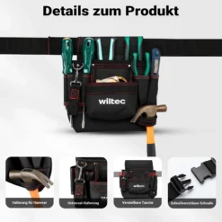 Wiltec Werkzeuggürteltasche 24 x 28 cm bis 15 kg, Werkzeug Gürteltasche 7 Fächer, Werkzeugtasche mit Gürtel verstellbar, robuste Arbeitstasche