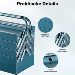 Wiltec Werkzeugkiste 530x200x250mm aus Stahl mit 7 Fächern, beständiger Werkzeugkasten mit Handgriff, Werkzeugbox
