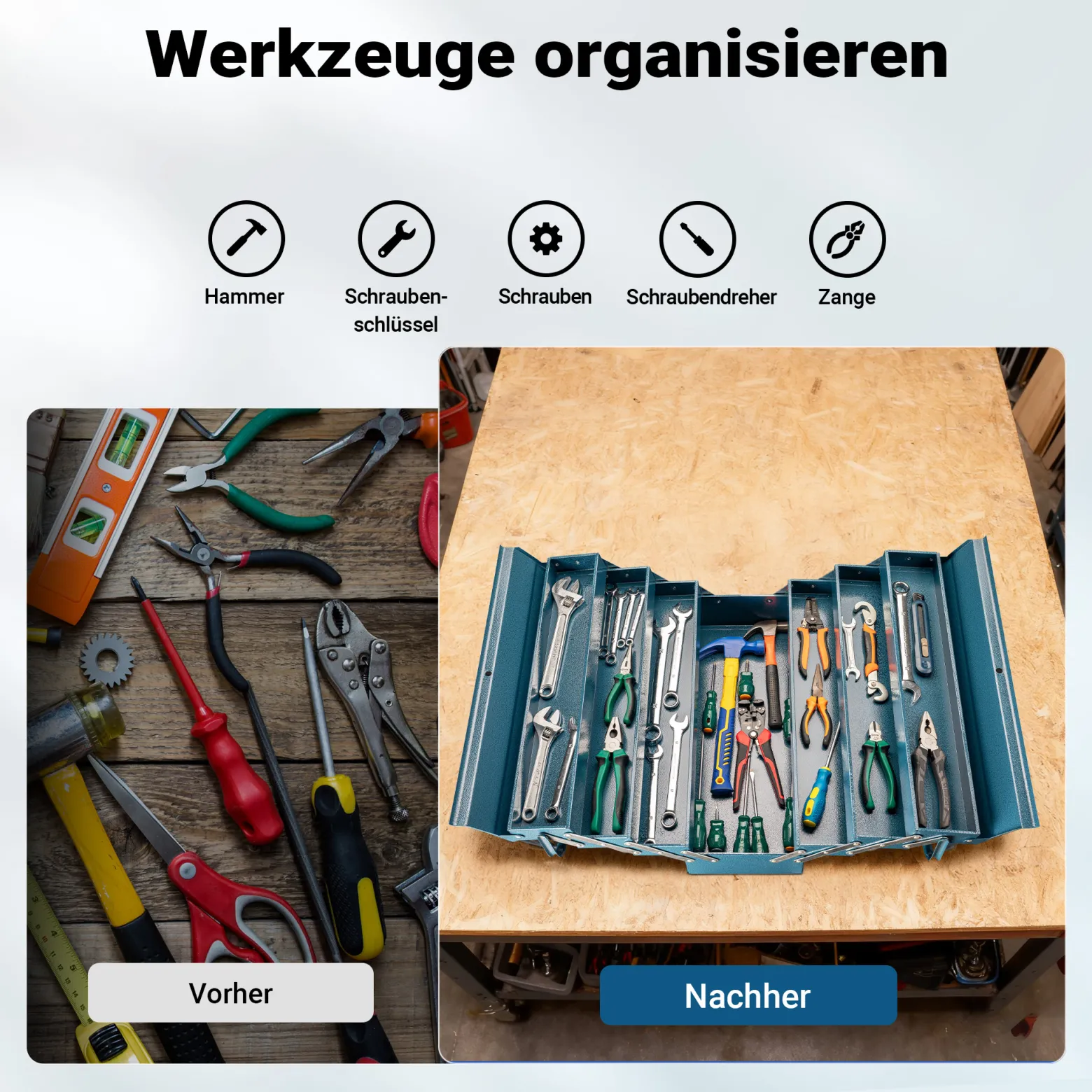 Wiltec Werkzeugkiste 530x200x250mm aus Stahl mit 7 Fächern, beständiger Werkzeugkasten mit Handgriff, Werkzeugbox