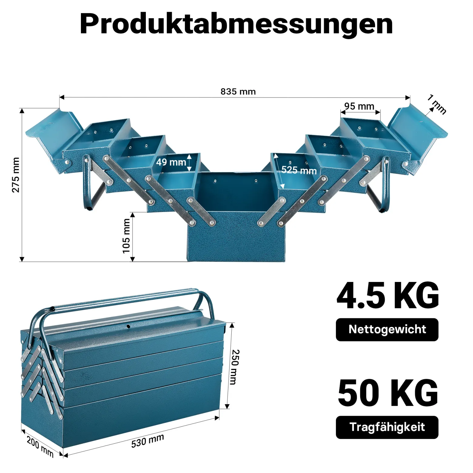 Wiltec Werkzeugkiste 530x200x250mm aus Stahl mit 7 Fächern, beständiger Werkzeugkasten mit Handgriff, Werkzeugbox