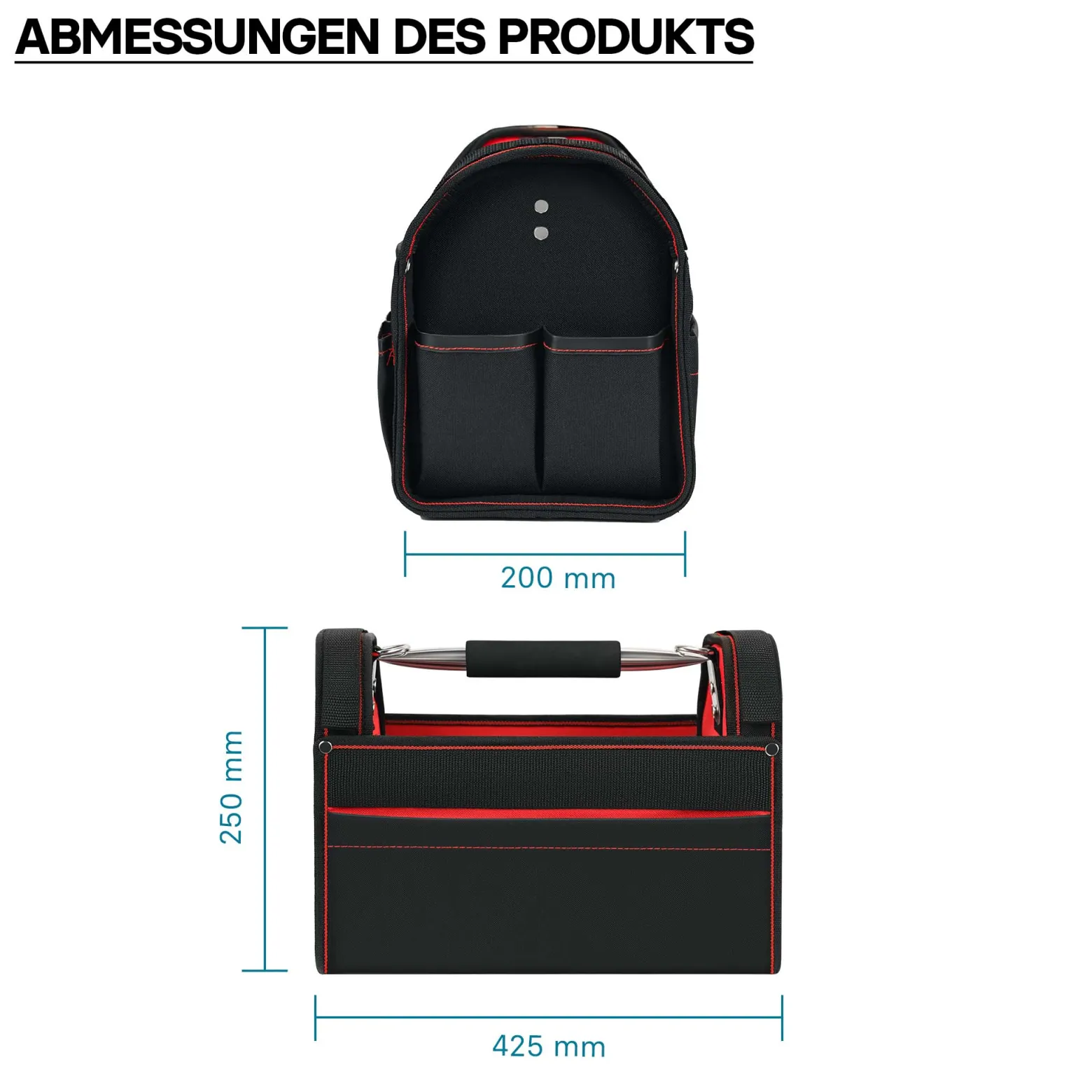 Wiltec Werkzeugtasche Größe XL 44x22x25 cm, Werkzeugbeutel mit verstellbarem Schultergurt und Tragegriff, Innen- und Außenfächer, Aufbewahrungstasche