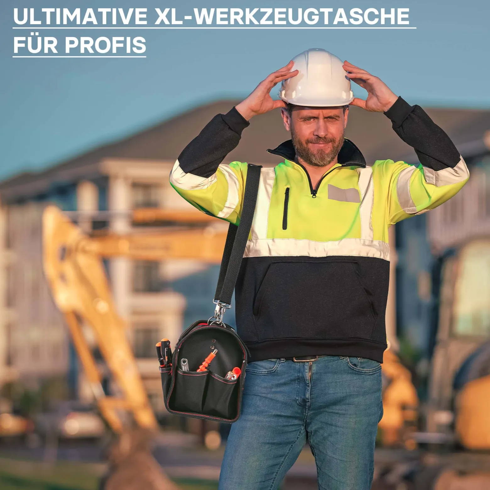 Wiltec Werkzeugtasche Größe XL 44x22x25 cm, Werkzeugbeutel mit verstellbarem Schultergurt und Tragegriff, Innen- und Außenfächer, Aufbewahrungstasche