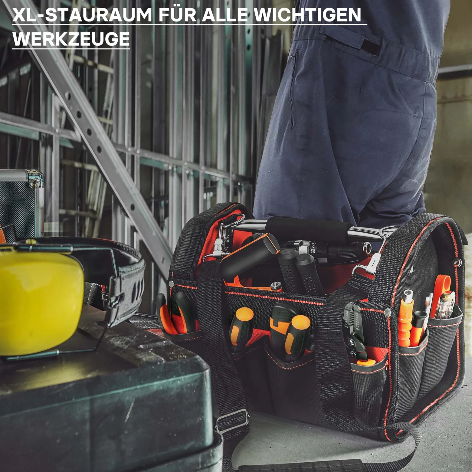 Wiltec Werkzeugtasche Größe XL 44x22x25 cm, Werkzeugbeutel mit verstellbarem Schultergurt und Tragegriff, Innen- und Außenfächer, Aufbewahrungstasche