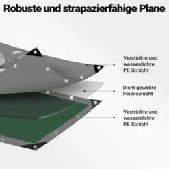 Wiltec wetterfeste Abdeckplane grün grau, wasserfeste Plane mit Ösen 3 x 2 m, PE Plane 120 g/m², UV-resistente Gartenplane, robuste Schutzplane