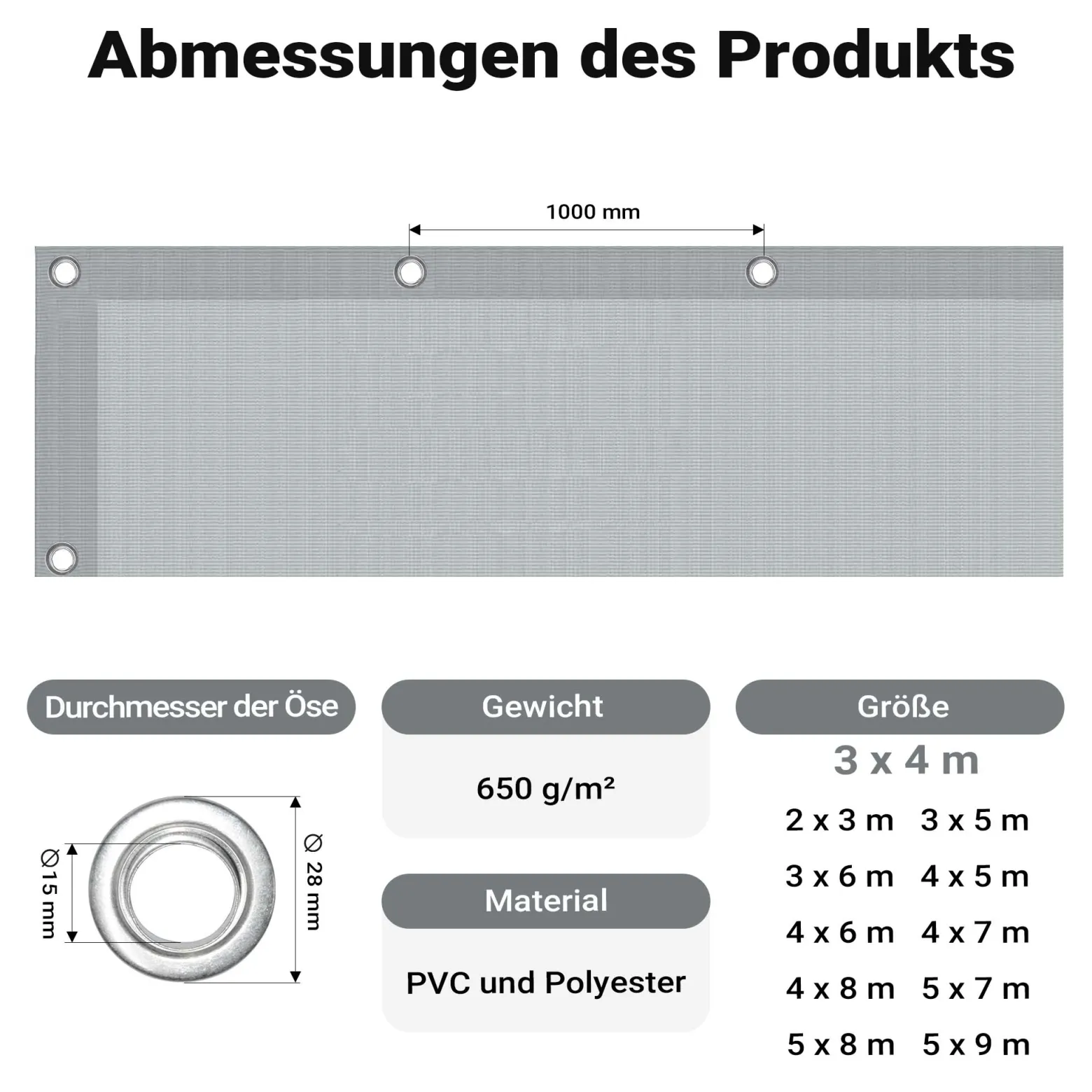 Wiltec wetterfeste Abdeckplane grau, wasserfeste Plane mit Ösen 3 x 4 m, Polyester Plane 650 g/m², UV-resistente Gartenplane, robuste Schutzplane mit PVC Beschichtung