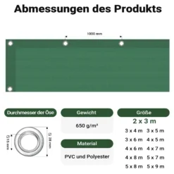 Wiltec wetterfeste Abdeckplane dunkelgrün, wasserfeste Plane mit Ösen 2 x 3 m, Polyester Plane 650 g/m², UV-resistente Gartenplane, robuste Schutzplane mit PVC Beschichtung