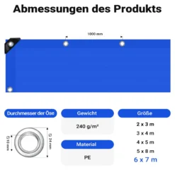 Wiltec wetterfeste Abdeckplane blau, wasserfeste Plane mit Ösen 7 x 6 m, PE Plane 240 g/m², UV-resistente Gartenplane, robuste Schutzplane