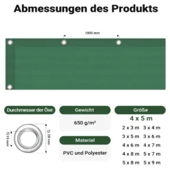 Wiltec wetterfeste Abdeckplane dunkelgrün, wasserfeste Plane mit Ösen 4 x 5 m, Polyester Plane 650 g/m², UV-resistente Gartenplane, robuste Schutzplane mit PVC Beschichtung