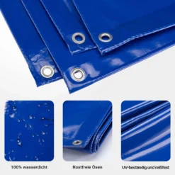 Wiltec wetterfeste Abdeckplane blau, wasserfeste Plane mit Ösen 5 x 7 m, Polyester Plane 650 g/m², UV-resistente Gartenplane, robuste Schutzplane mit PVC Beschichtung
