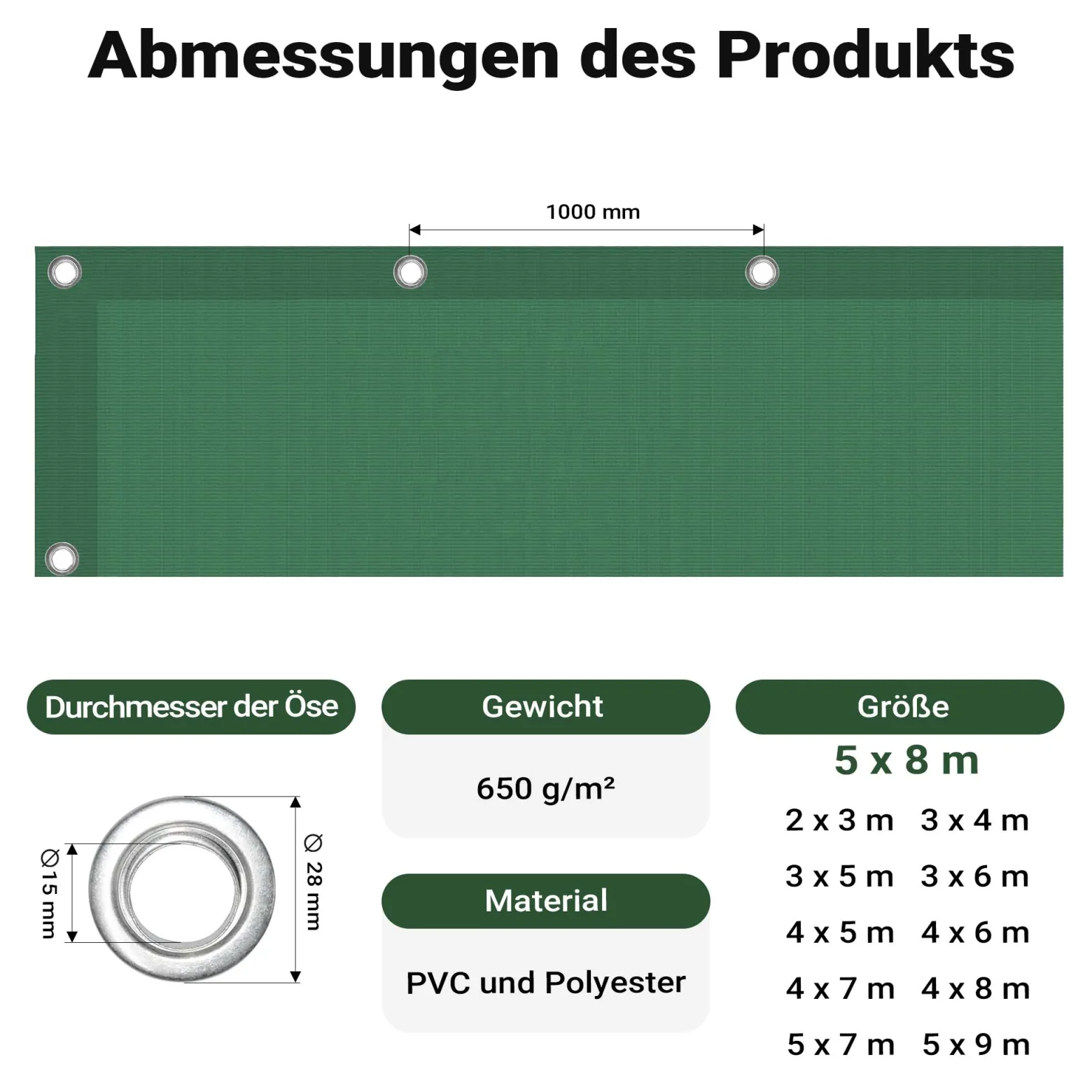 Wiltec wetterfeste Abdeckplane dunkelgrün, wasserfeste Plane mit Ösen 5 x 8 m, Polyester Plane 650 g/m², UV-resistente Gartenplane, robuste Schutzplane mit PVC Beschichtung
