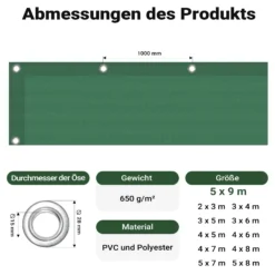 Wiltec wetterfeste Abdeckplane dunkelgrün, wasserfeste Plane mit Ösen 5 x 9 m, Polyester Plane 650 g/m², UV-resistente Gartenplane, robuste Schutzplane mit PVC Beschichtung