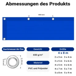 Wiltec wetterfeste Abdeckplane blau, wasserfeste Plane mit Ösen 4 x 8 m, Polyester Plane 650 g/m², UV-resistente Gartenplane, robuste Schutzplane mit PVC Beschichtung