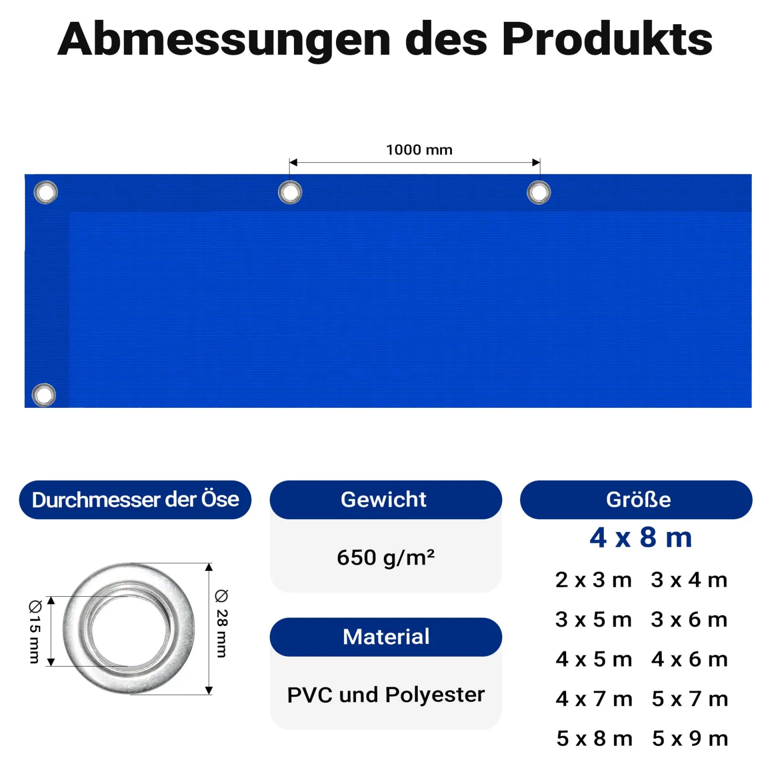 Wiltec wetterfeste Abdeckplane blau, wasserfeste Plane mit Ösen 4 x 8 m, Polyester Plane 650 g/m², UV-resistente Gartenplane, robuste Schutzplane mit PVC Beschichtung
