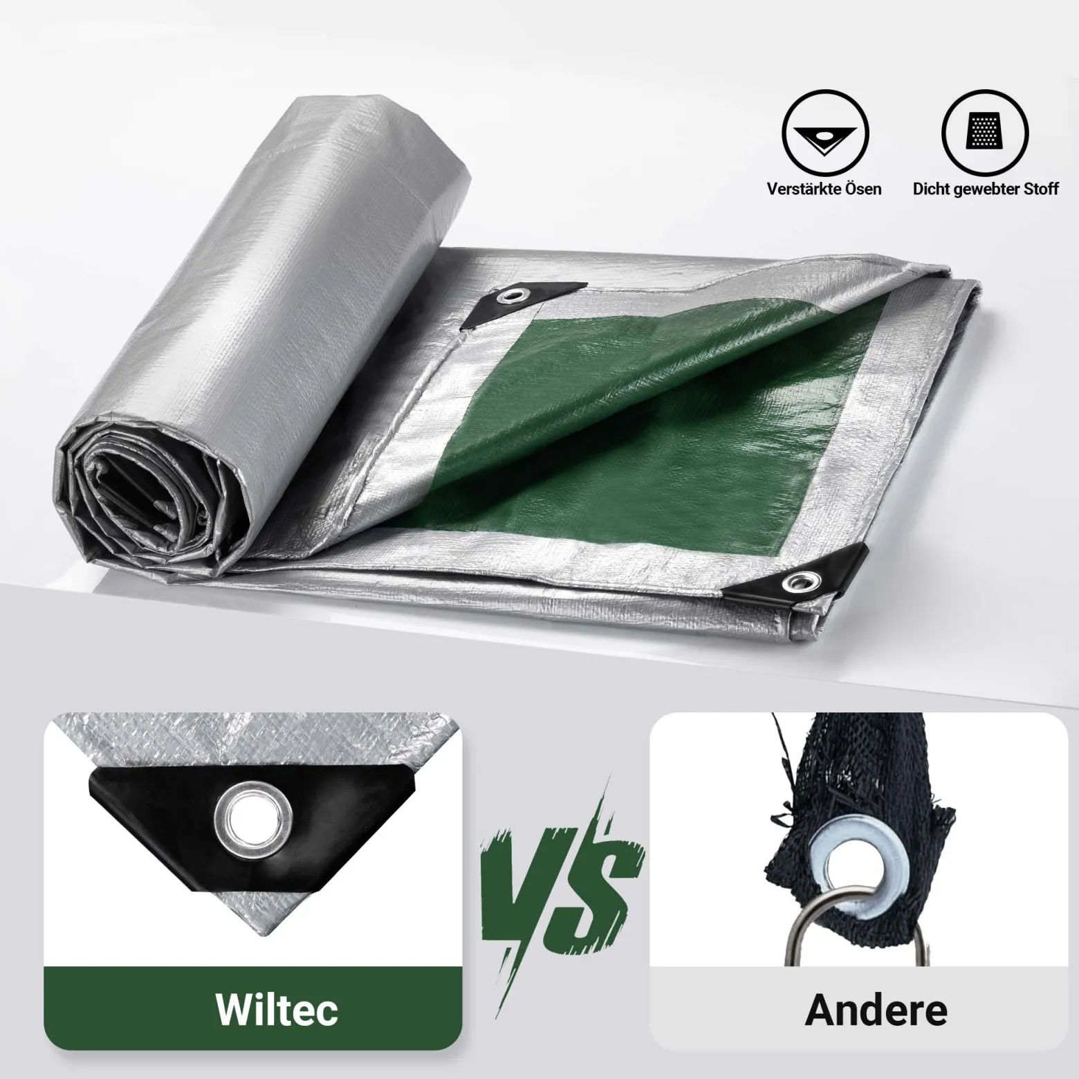 Wiltec wetterfeste Abdeckplane grün grau, wasserfeste Plane mit Ösen 7 x 6 m, PE Plane 120 g/m², UV-resistente Gartenplane, robuste Schutzplane