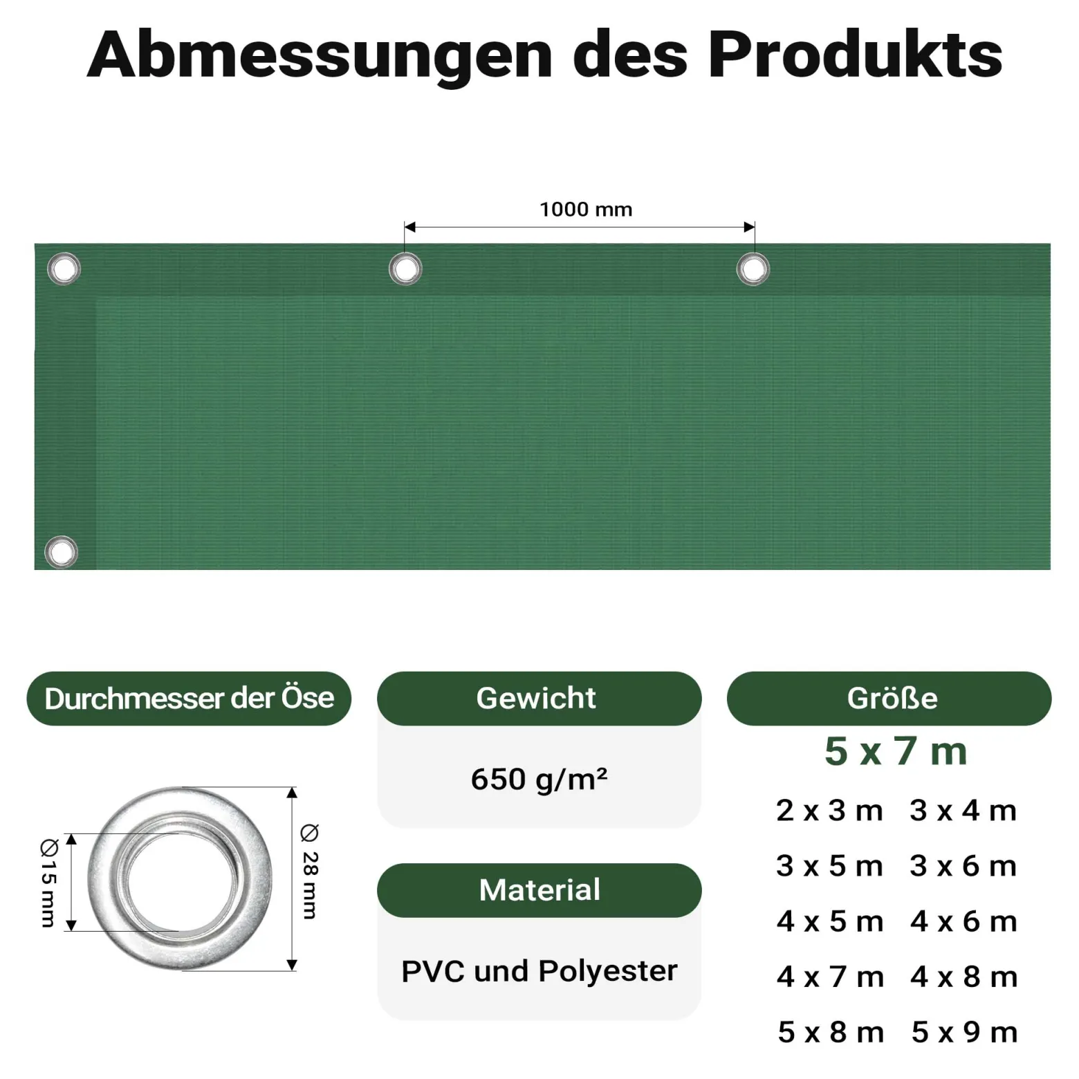Wiltec wetterfeste Abdeckplane dunkelgrün, wasserfeste Plane mit Ösen 5 x 7 m, Polyester Plane 650 g/m², UV-resistente Gartenplane, robuste Schutzplane mit PVC Beschichtung
