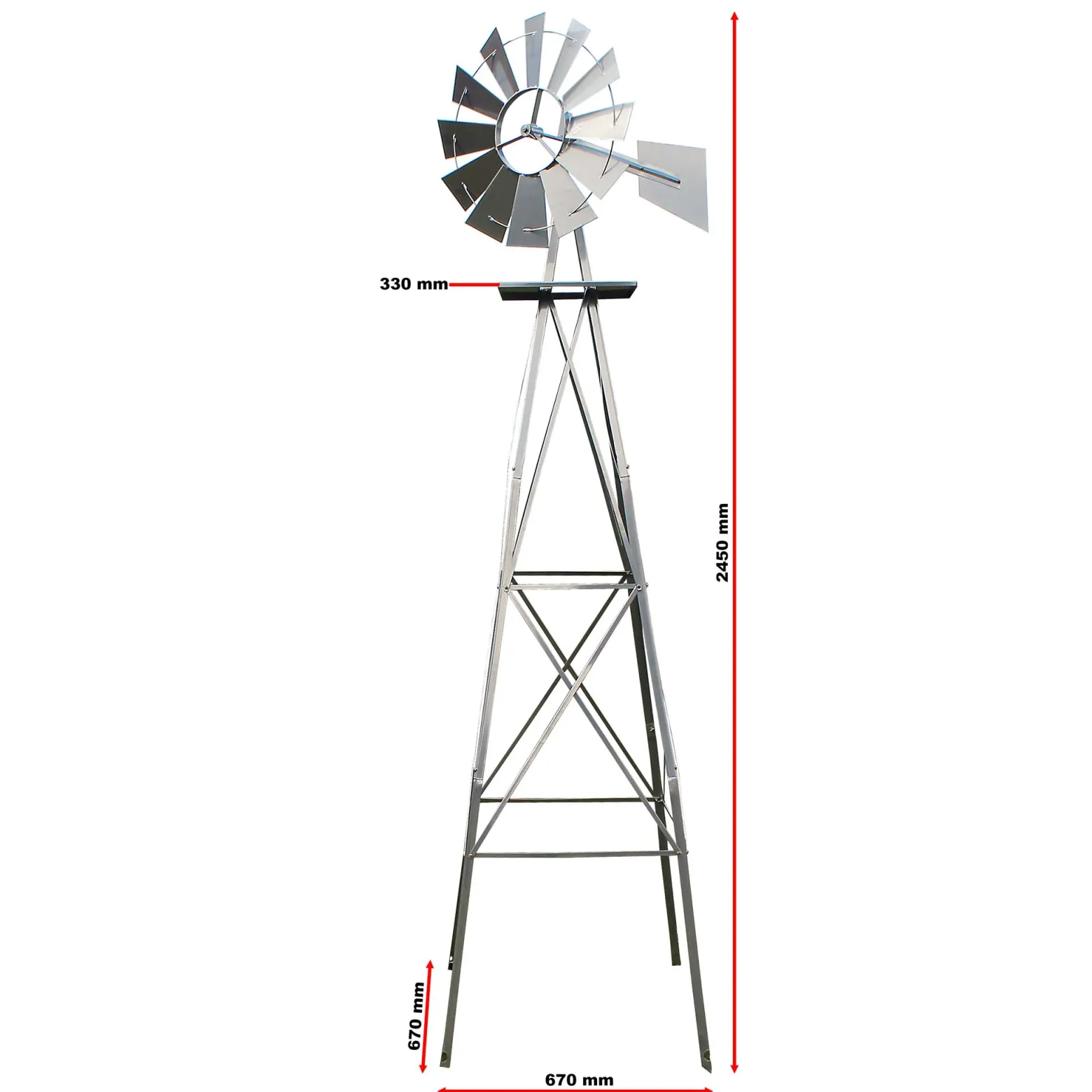 Wiltec Windrad mit 245 cm Höhe, Windmühle in Silberfarben, Windspiel im US-Design, Gartendeko mit kugelgelagertem Texasrad, Rankhilfe für Garten