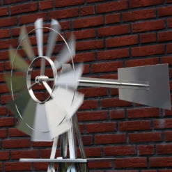 Wiltec Windrad mit 245 cm Höhe, Windmühle in Silberfarben, Windspiel im US-Design, Gartendeko mit kugelgelagertem Texasrad, Rankhilfe für Garten