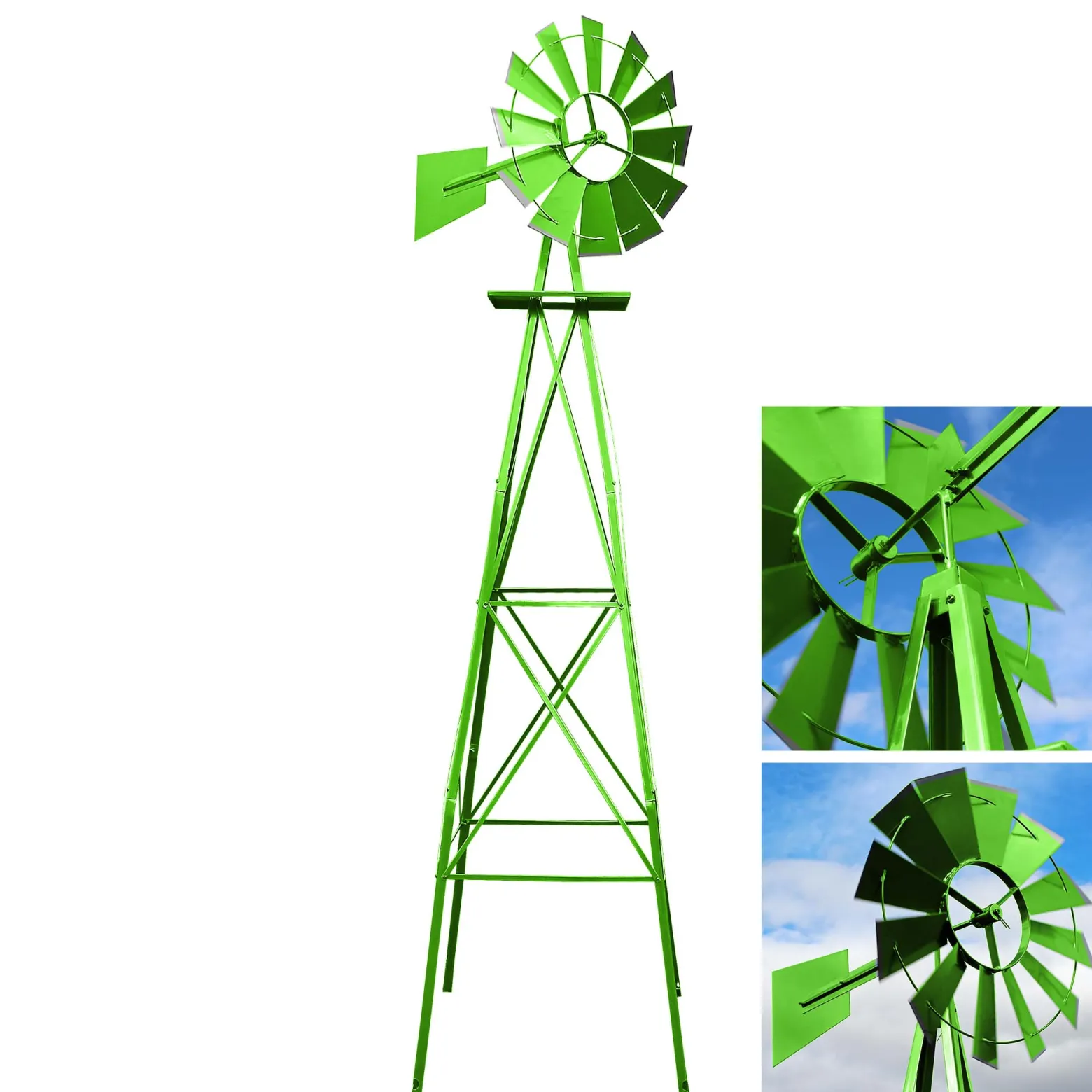 Wiltec Windrad mit 245 cm Höhe, Windmühle in Grün, Windspiel im US-Design, Gartendeko mit kugelgelagertem Texasrad, Rankhilfe für Garten