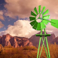 Wiltec Windrad mit 245 cm Höhe, Windmühle in Grün, Windspiel im US-Design, Gartendeko mit kugelgelagertem Texasrad, Rankhilfe für Garten