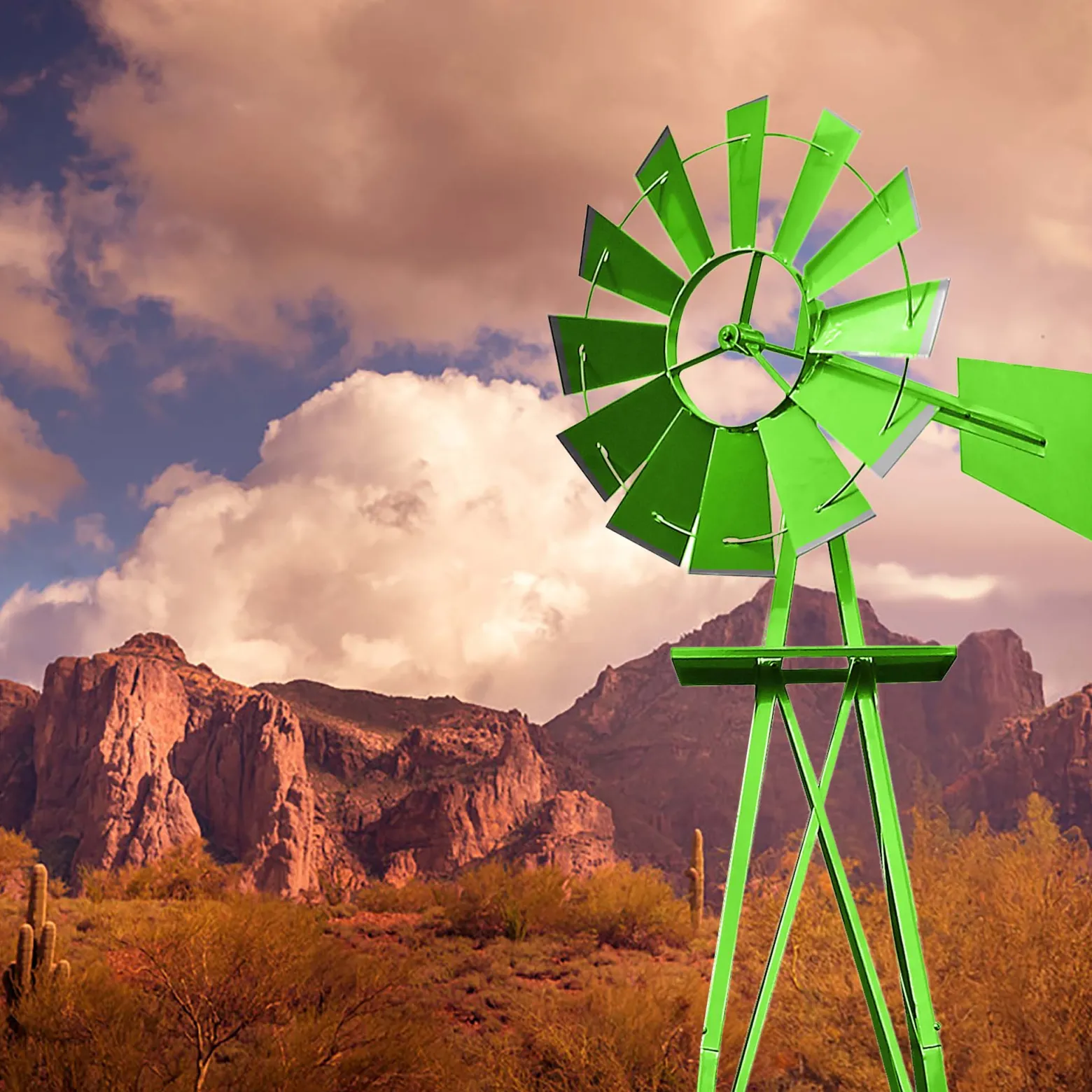 Wiltec Windrad mit 245 cm Höhe, Windmühle in Grün, Windspiel im US-Design, Gartendeko mit kugelgelagertem Texasrad, Rankhilfe für Garten