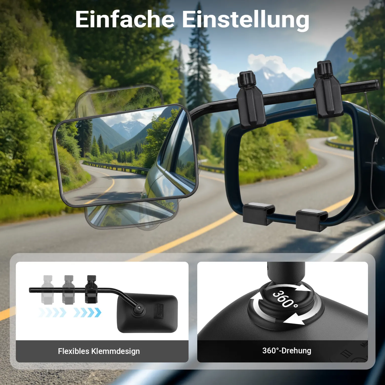 Wiltec Wohnwagenspiegel 120x180mm universal schwarz Außenspiegel für Wohnwagen und Caravan mit Gummiklemmen, stufenlos verstellbar, Aufbewahrungstasche